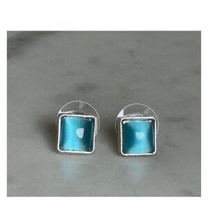 Square Turquoise Tone Stud Earrings Silver Tone Minimalist 8mm